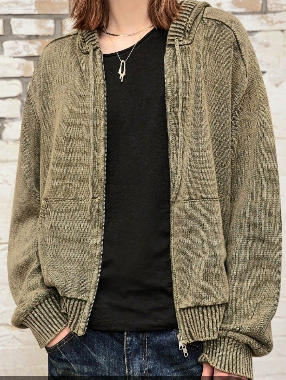 Vintage Y2K Tsunami Olive Green Zip Knit Hoodie Sweater